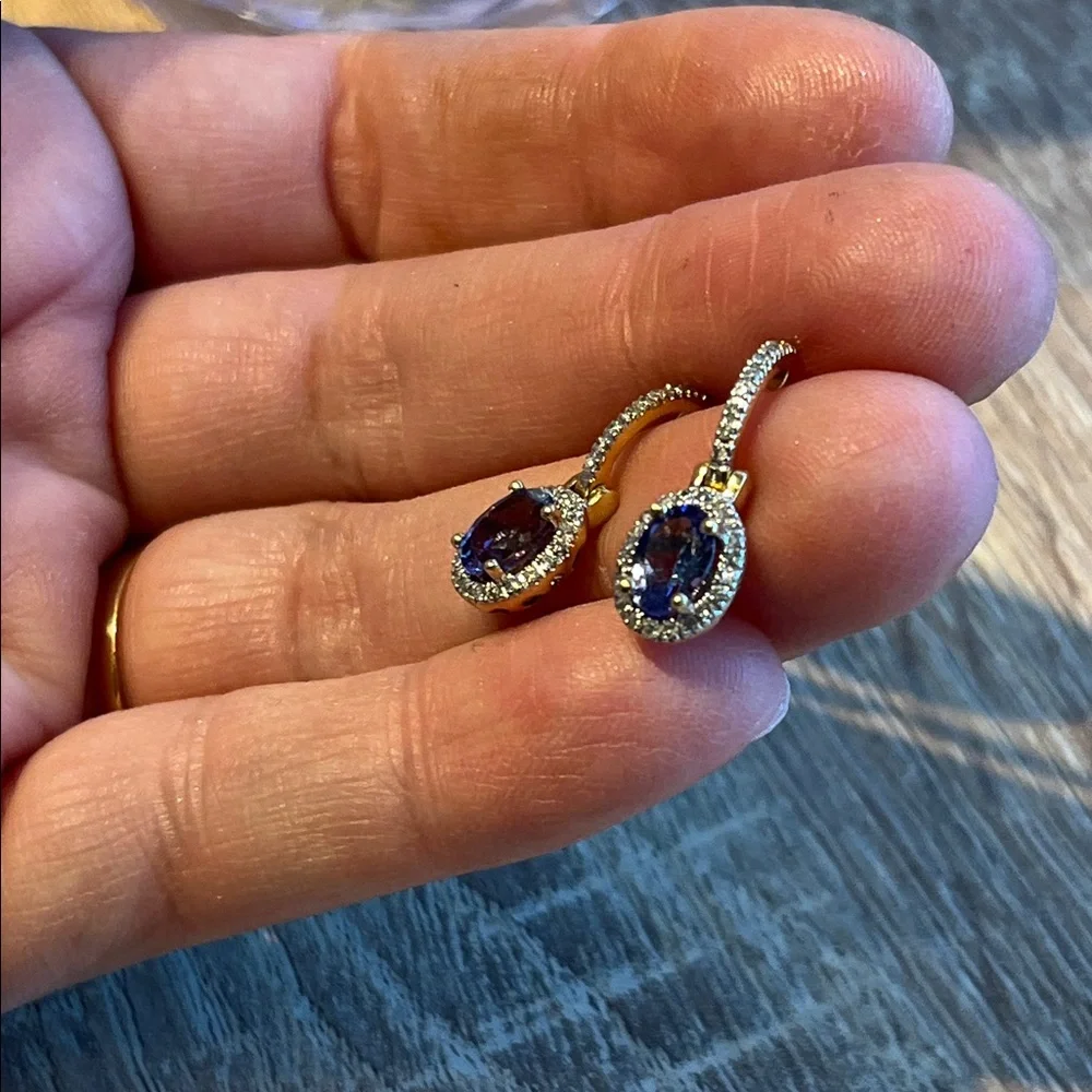 14k Gold diamond tanzanite Drop Earrings. Oval Gemstones with diamond Pavé Halos - Picture 10 of 13